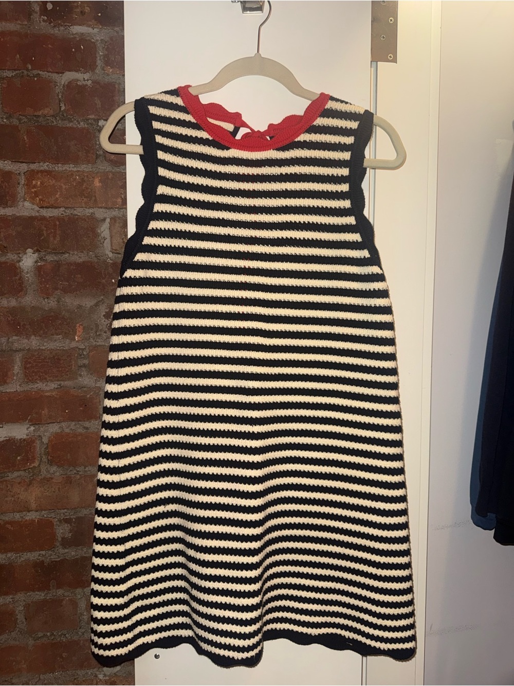 Ciao Lucia Blue & White Stripped Knit Dress with Red collar trim